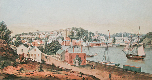 Fitz Henry Lane (1804-1865), "View of Norwich, from the West Side of the River" [detail]. Colored lithograph on paper. Drawn by F. H. Lane. Lithograph by Sarony & Major Lithography, New York. Published by A. Conant, 1849. Collection of the Cape Ann Museum. Gift of Edward L. Stone, 1972. Conservation funded by Wendy Shadwell’s Bequest to the American Historical Print Collectors Society.