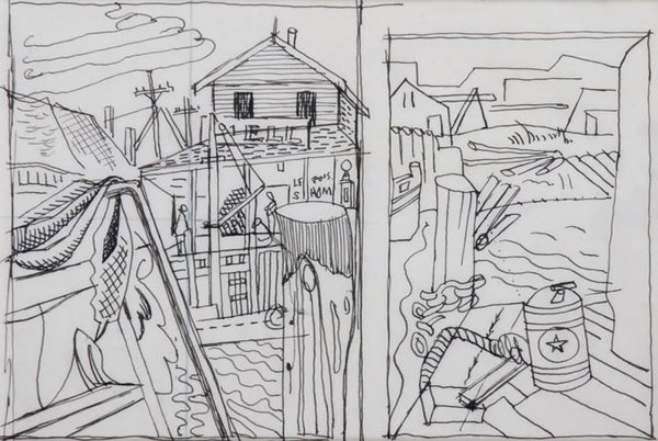 Sketchbook 3-3, Drawing for "Black Roofs" and "Dock, Still Life"