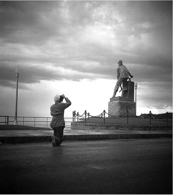 Image caption: Eleanor Parke Custis, Leonard Craske Photographing His Statue, “Man at the Wheel,” on the Boulevard, Gloucester, MA, c. 1940. Nitrate negative. Collection of the Cape Ann Museum Library & Archives, Gloucester, MA.