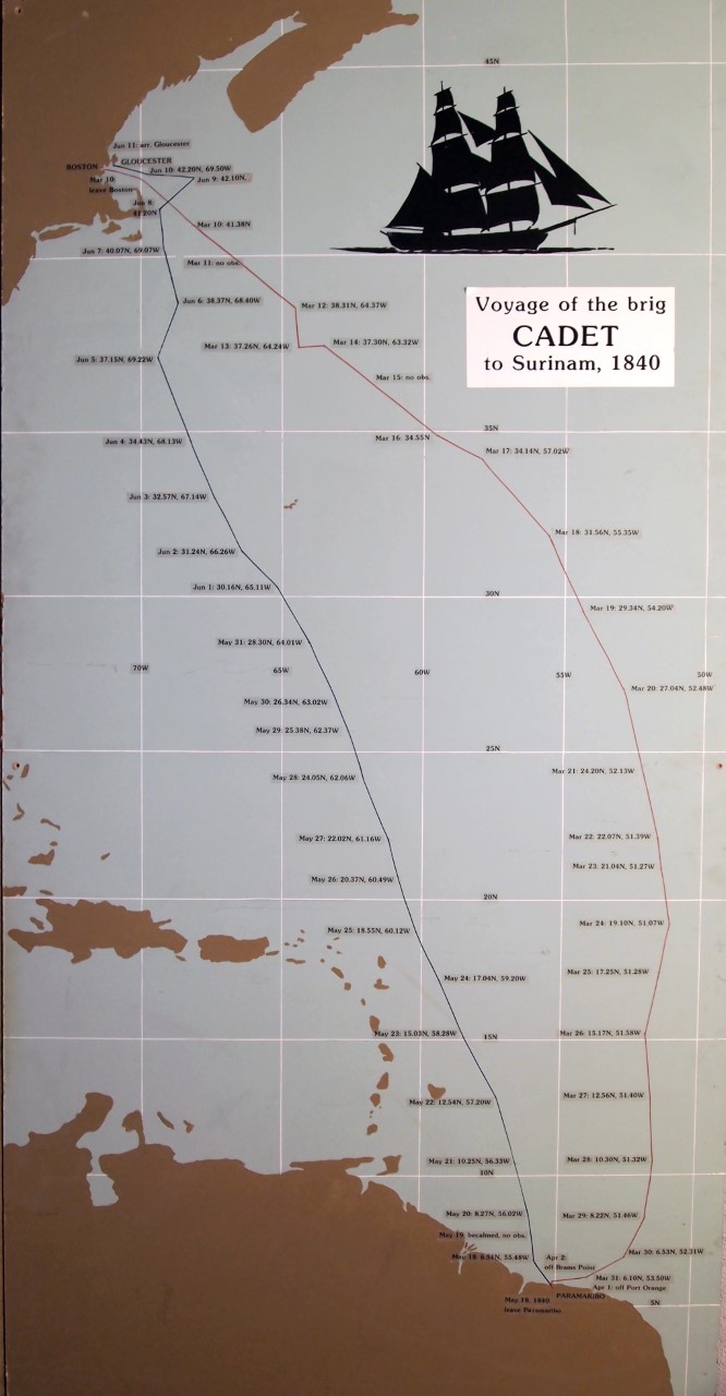 Chart showing the voyage of the brig Cadet to Surinam and return, March 10–June 11, 1840, c.1980. Painting on board. Collection of Erik Ronnberg